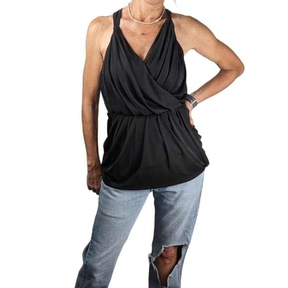 Asos Sexy Black Sleeveless Drapey Mesh Ruffle Elastic Waist Peplum Top Size 4 - Picture 1 of 6
